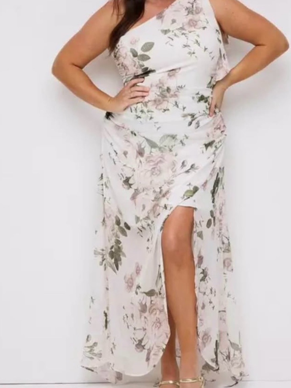 One-Shoulder Maxi Dress in off-white with elegant floral design